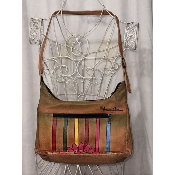 BEAUTIFUL UNIQUE GENUINE Leather Anuschka hand painted striped purse with floral - Picture 1 of 10